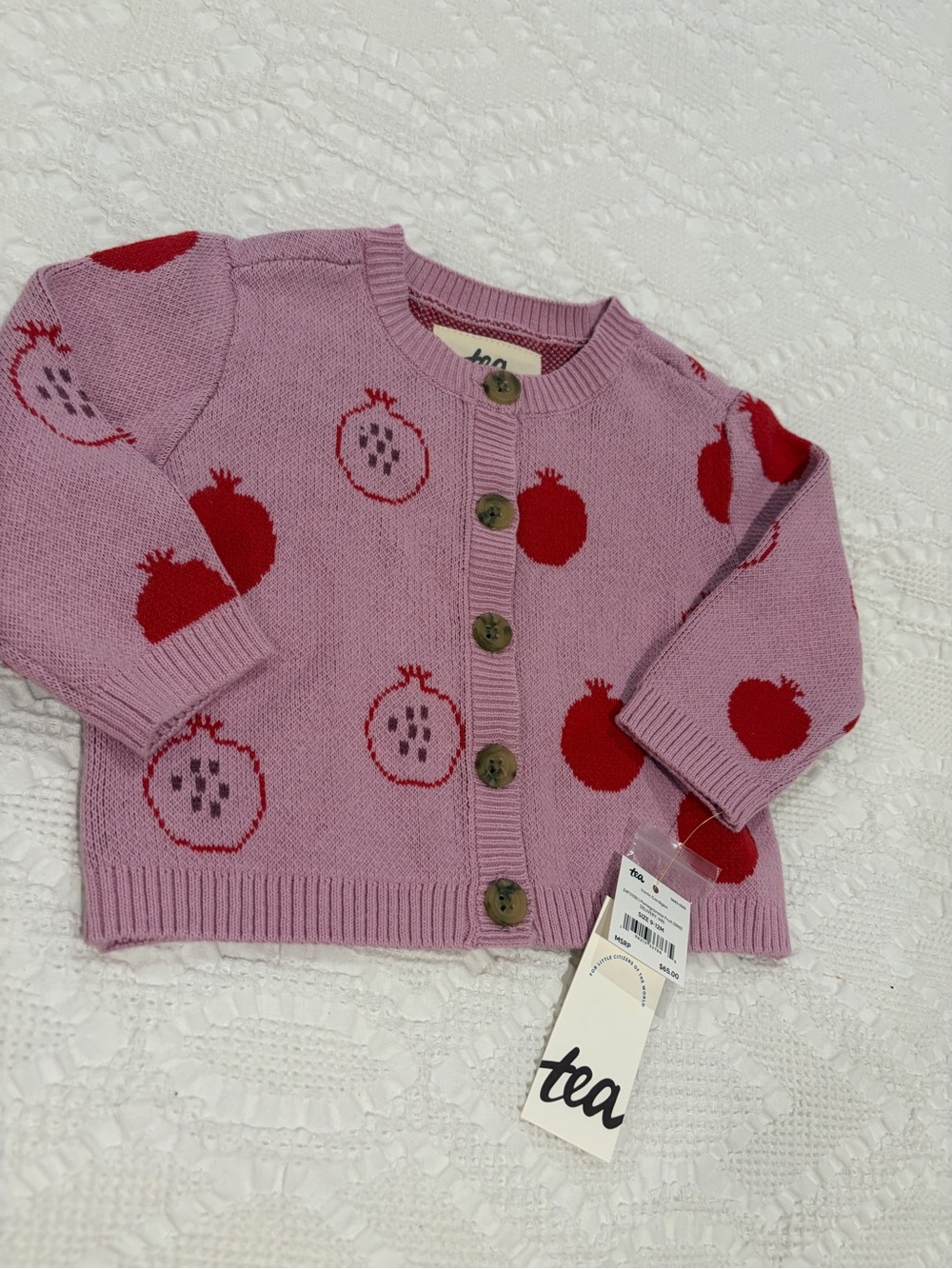 Tea Collection Lavender Knit Cardigan with Red Pomegranate Motifs